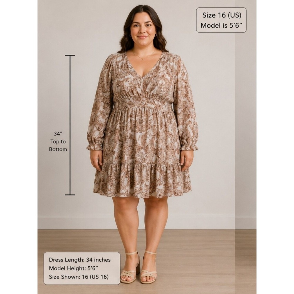 Reitmans Beige and Brown Paisley Tiered V-Neck Long Sleeve Dress